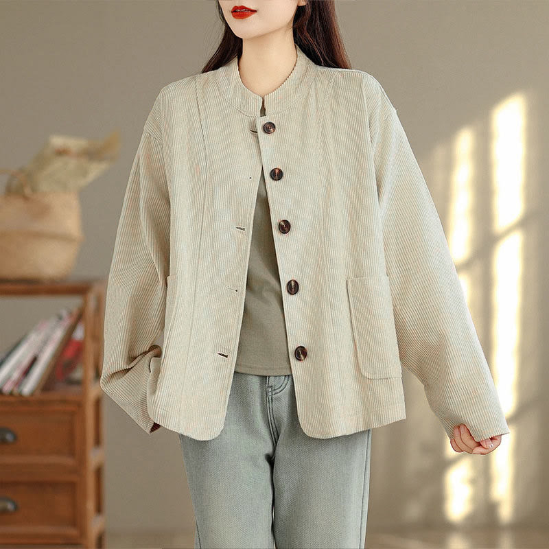 Veste femme à manches longues en velours côtelé avec poches et boutons en forme de Buddha Stones - image 1