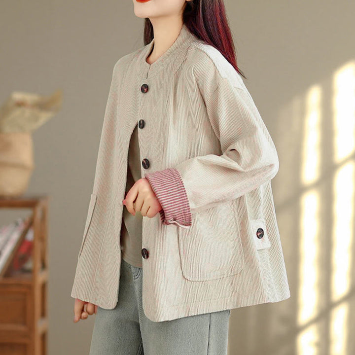 Veste femme à manches longues en velours côtelé avec poches et boutons en forme de Buddha Stones - image 4