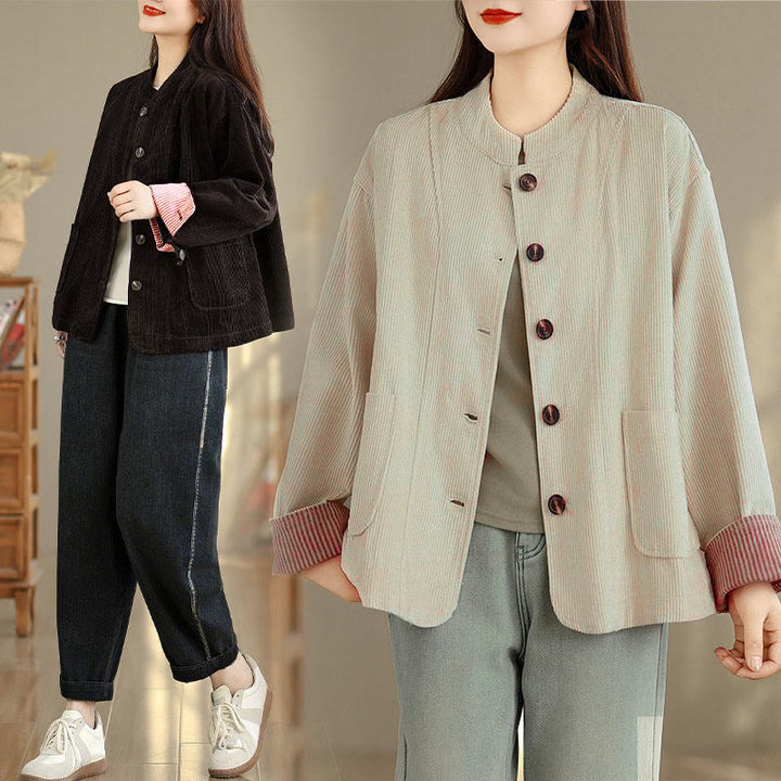 Veste femme à manches longues en velours côtelé avec poches et boutons en forme de Buddha Stones - image 23