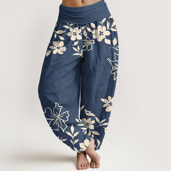 Pantalon harem femme en coton rétro à motif floral et feuilles, taille élastique, avec Buddha Stones - SteelBlue - US16，UK/AU20，EU48 (3XL) - image 0