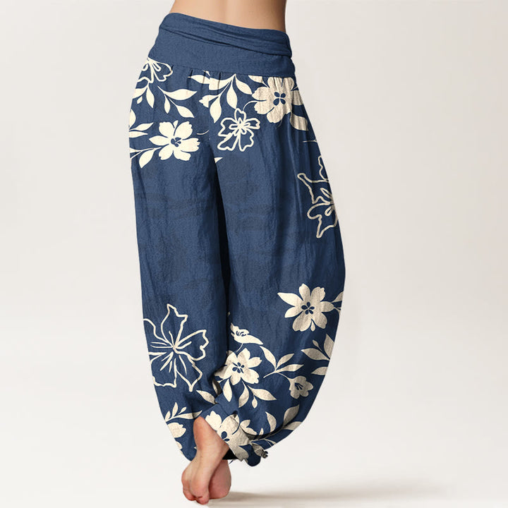 Pantalon harem femme en coton rétro à motif floral et feuilles, taille élastique, avec Buddha Stones - image 1