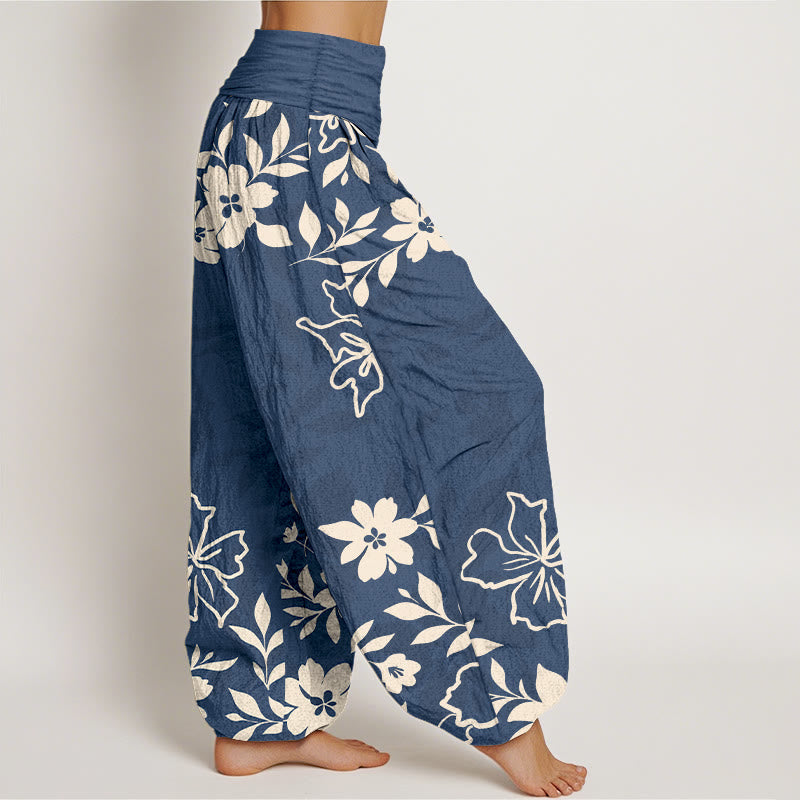 Pantalon harem femme en coton rétro à motif floral et feuilles, taille élastique, avec Buddha Stones - image 2