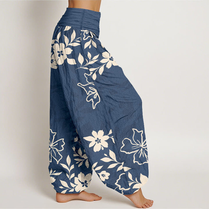 Pantalon harem femme en coton rétro à motif floral et feuilles, taille élastique, avec Buddha Stones - image 2