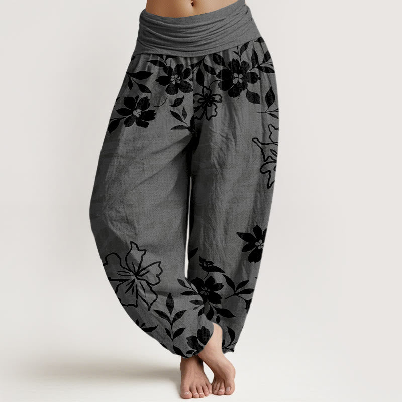 Pantalon harem femme en coton rétro à motif floral et feuilles, taille élastique, avec Buddha Stones - Gris terne - US16，UK/AU20，EU48 (3XL) - image 5