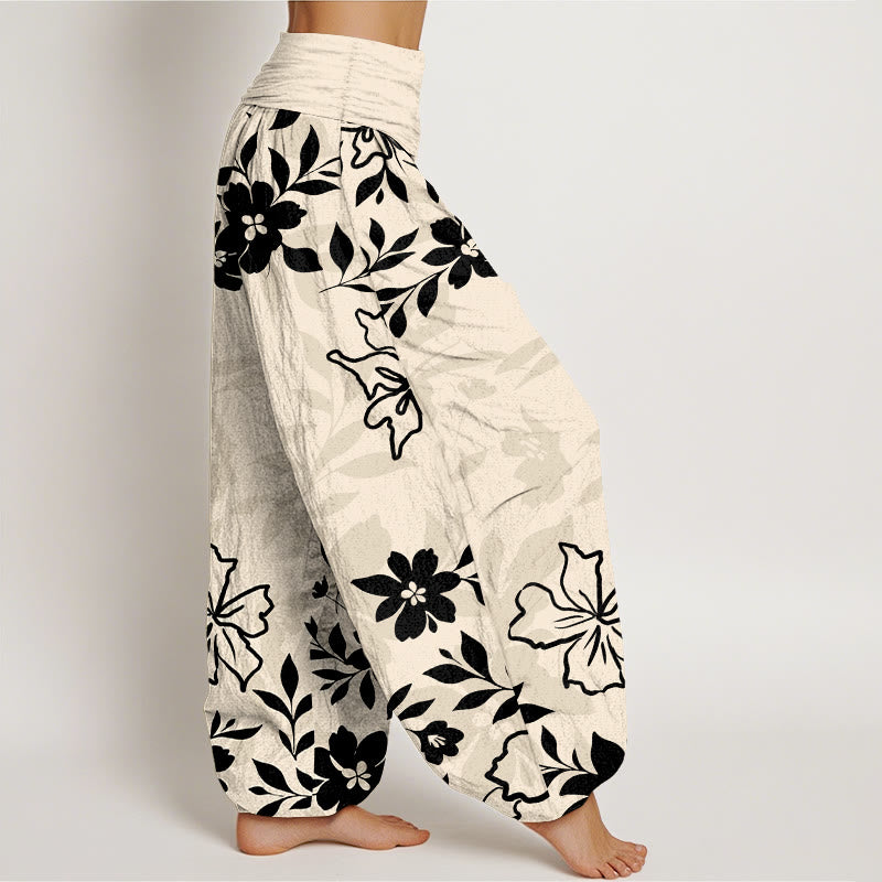 Pantalon harem femme en coton rétro à motif floral et feuilles, taille élastique, avec Buddha Stones - image 10
