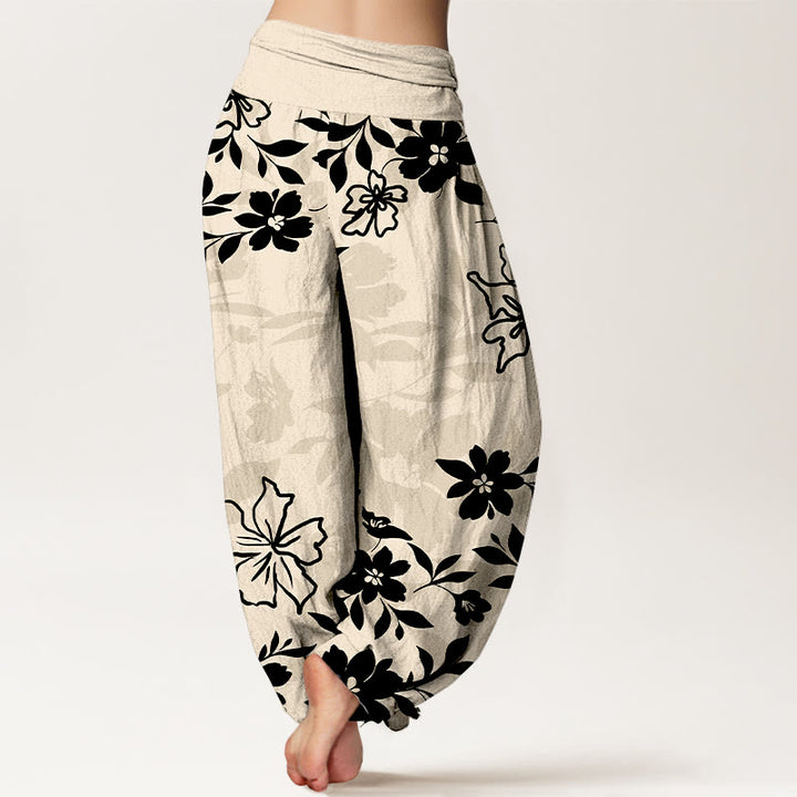 Pantalon harem femme en coton rétro à motif floral et feuilles, taille élastique, avec Buddha Stones - image 9