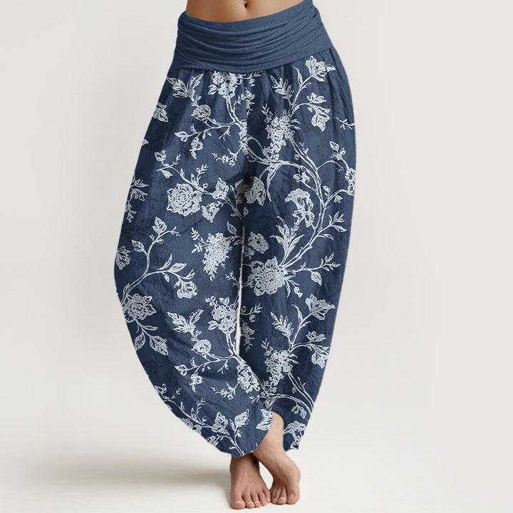 Pantalon harem à taille élastique pour femme, en coton à motif floral et Buddha Stones, couvrant entièrement la peau - SteelBlue - US16，UK/AU20，EU48 (3XL) - image 0