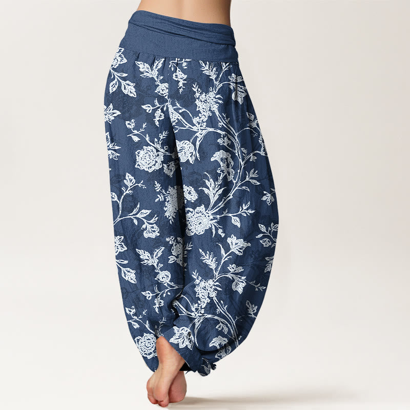 Pantalon harem à taille élastique pour femme, en coton à motif floral et Buddha Stones, couvrant entièrement la peau - image 1