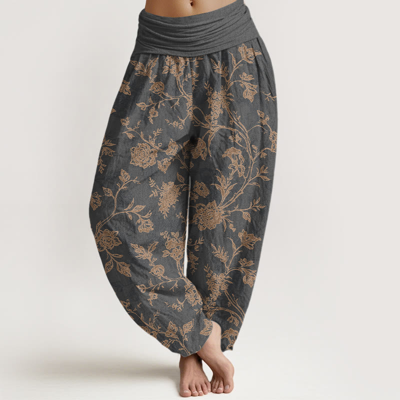 Pantalon harem à taille élastique pour femme, en coton à motif floral et Buddha Stones, couvrant entièrement la peau - Gris sombre - US16，UK/AU20，EU48 (3XL) - image 5