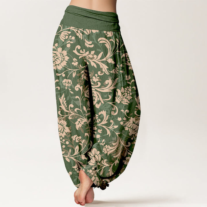 Pantalon harem à taille élastique pour femme, en coton, motif floral discret et luxueux avec Buddha Stones - image 1
