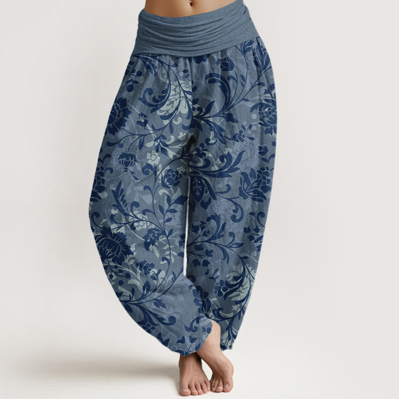 Pantalon harem à taille élastique pour femme, en coton, motif floral discret et luxueux avec Buddha Stones - SteelBlue - US16，UK/AU20，EU48 (3XL) - image 8