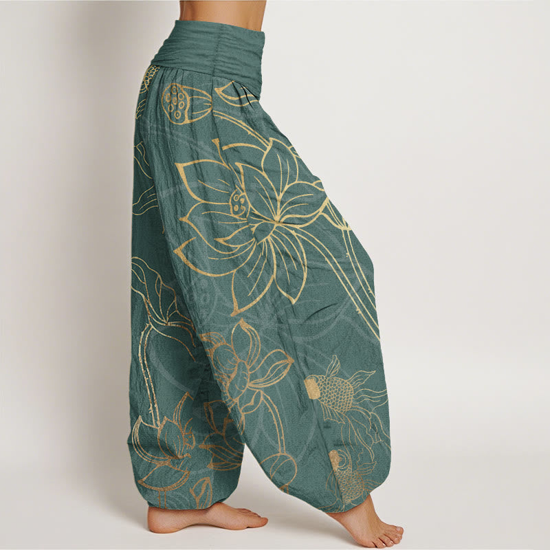 Pantalon harem à taille élastique pour femme , Buddha Stones, coton, feuille de lotus et carpe koï - image 1