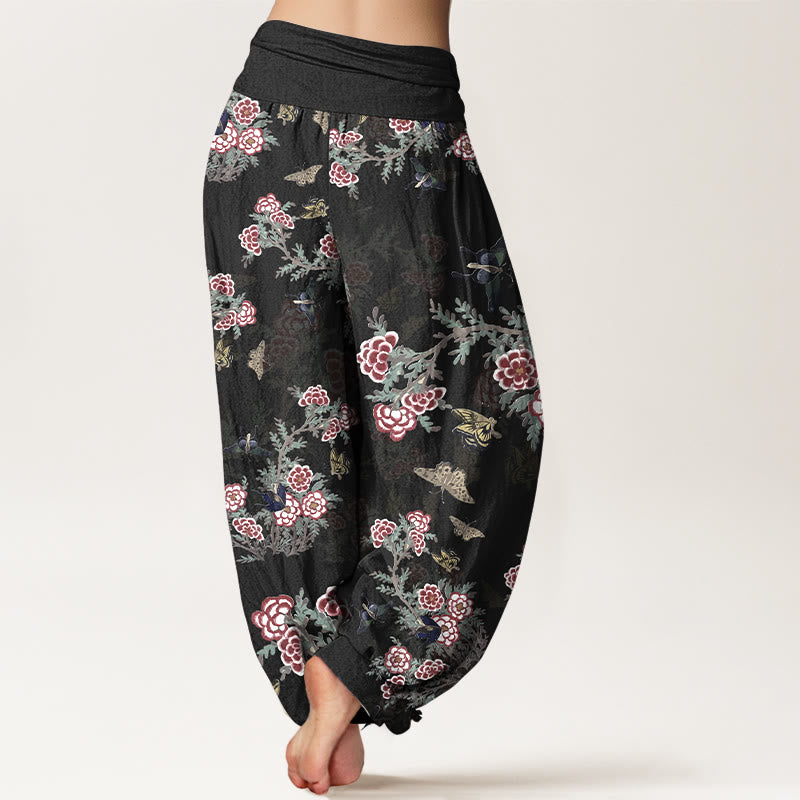 Pantalon harem à taille élastique pour femme, orné de Buddha Stones, de fleurs de coton, de feuilles et de papillons - image 1