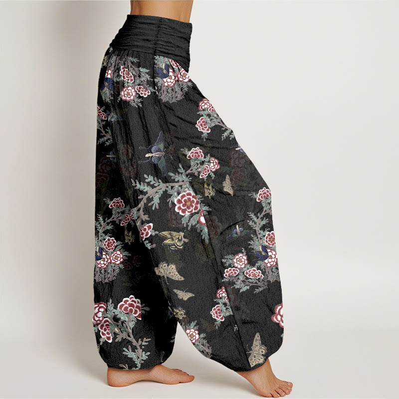 Pantalon harem à taille élastique pour femme, orné de Buddha Stones, de fleurs de coton, de feuilles et de papillons - image 2