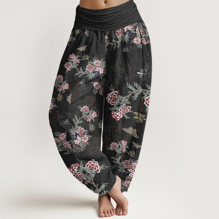 Pantalon harem à taille élastique pour femme, orné de Buddha Stones, de fleurs de coton, de feuilles et de papillons - Noir - US16，UK/AU20，EU48 (3XL) - image 0