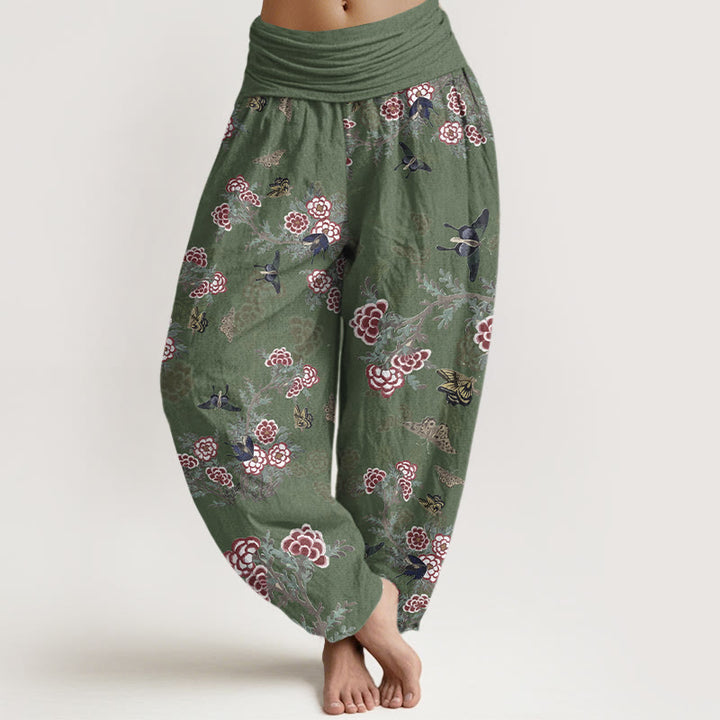 Pantalon harem à taille élastique pour femme, orné de Buddha Stones, de fleurs de coton, de feuilles et de papillons - Vert d'eau - US16，UK/AU20，EU48 (3XL) - image 5