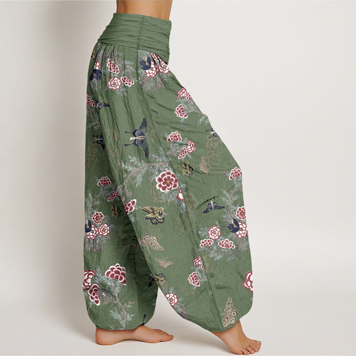 Pantalon harem à taille élastique pour femme, orné de Buddha Stones, de fleurs de coton, de feuilles et de papillons - image 7