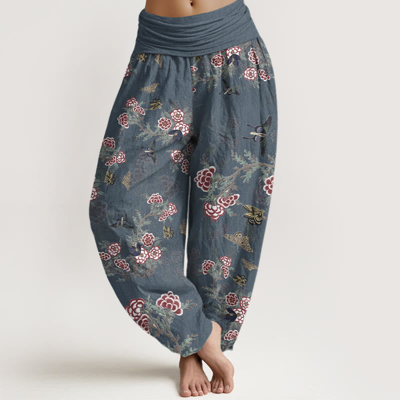 Pantalon harem à taille élastique pour femme, orné de Buddha Stones, de fleurs de coton, de feuilles et de papillons - Bleu ardoise foncé - US16，UK/AU20，EU48 (3XL) - image 8
