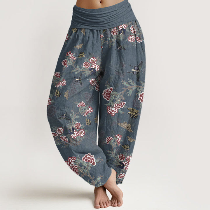 Pantalon harem à taille élastique pour femme, orné de Buddha Stones, de fleurs de coton, de feuilles et de papillons - Bleu ardoise foncé - US16，UK/AU20，EU48 (3XL) - image 8