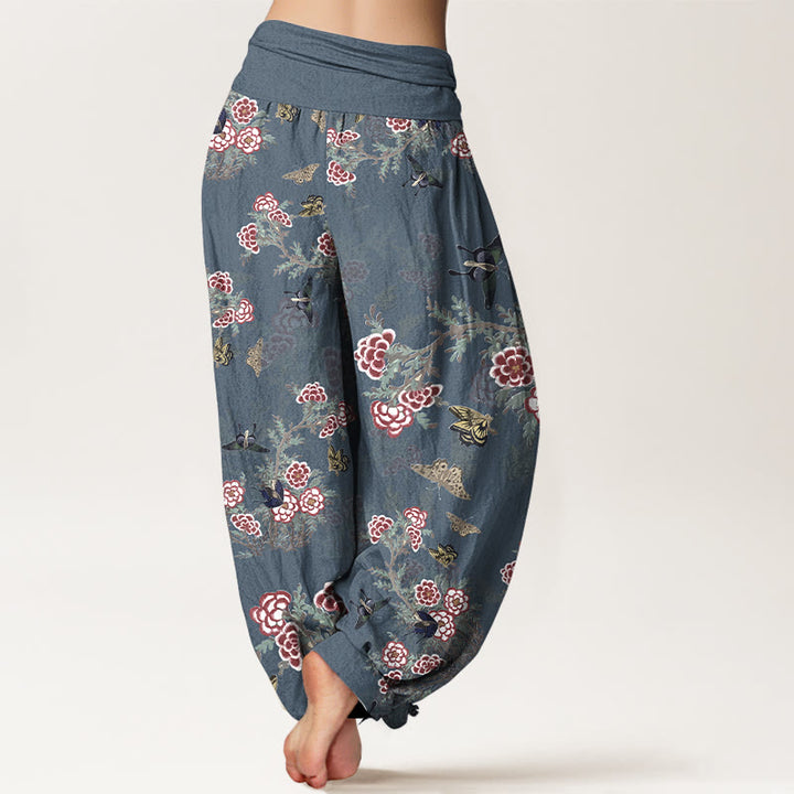 Pantalon harem à taille élastique pour femme, orné de Buddha Stones, de fleurs de coton, de feuilles et de papillons - image 9