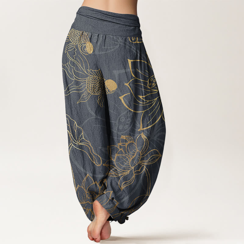 Pantalon harem à taille élastique pour femme , Buddha Stones, coton, feuille de lotus et carpe koï - image 6