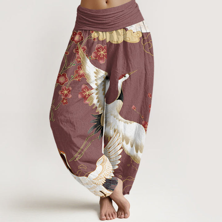 Pantalon sarouel taille élastique pour femme, motif Buddha Stones, grues, fleurs et nuages ​​de bon augure - Rouge violet pâle - US22，UK/AU26，EU54 (6XL) - image 5