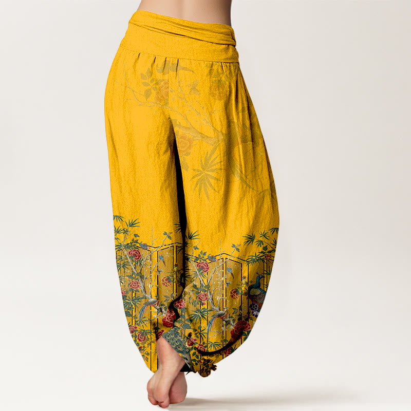 Pantalon harem à taille élastique pour femme, en coton, orné d'un magnifique motif de paon et de Buddha Stones - image 1