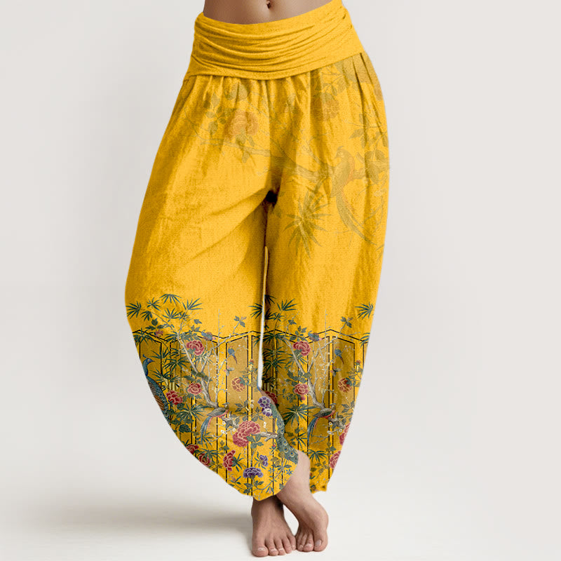Pantalon harem à taille élastique pour femme, en coton, orné d'un magnifique motif de paon et de Buddha Stones - Or - US16，UK/AU20，EU48 (3XL) - image 0