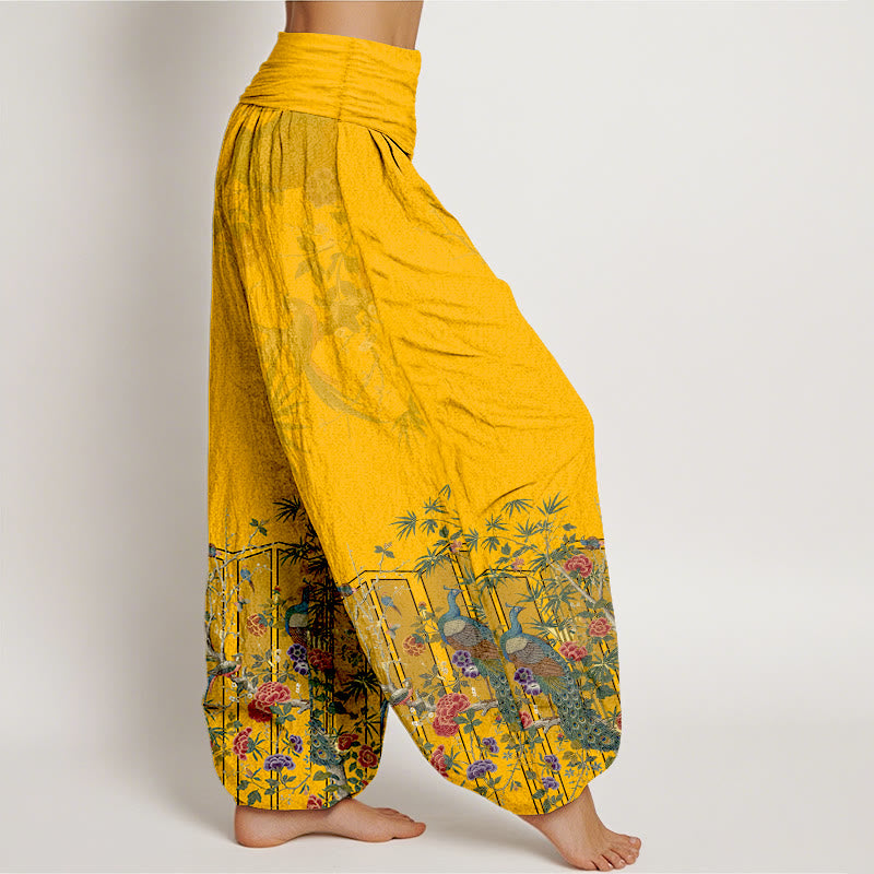 Pantalon harem à taille élastique pour femme, en coton, orné d'un magnifique motif de paon et de Buddha Stones - image 2