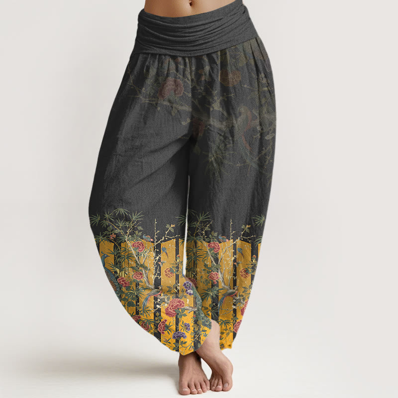 Pantalon harem à taille élastique pour femme, en coton, orné d'un magnifique motif de paon et de Buddha Stones - Noir - US16，UK/AU20，EU48 (3XL) - image 5