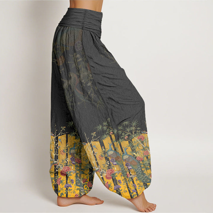 Pantalon harem à taille élastique pour femme, en coton, orné d'un magnifique motif de paon et de Buddha Stones - image 7