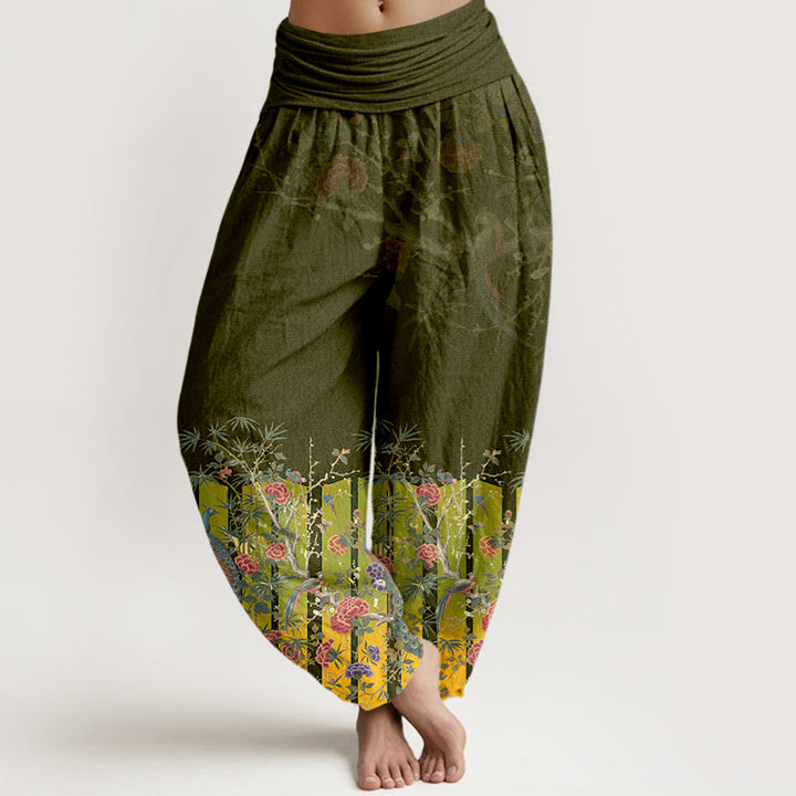 Pantalon harem à taille élastique pour femme, en coton, orné d'un magnifique motif de paon et de Buddha Stones - Olive - US16，UK/AU20，EU48 (3XL) - image 8