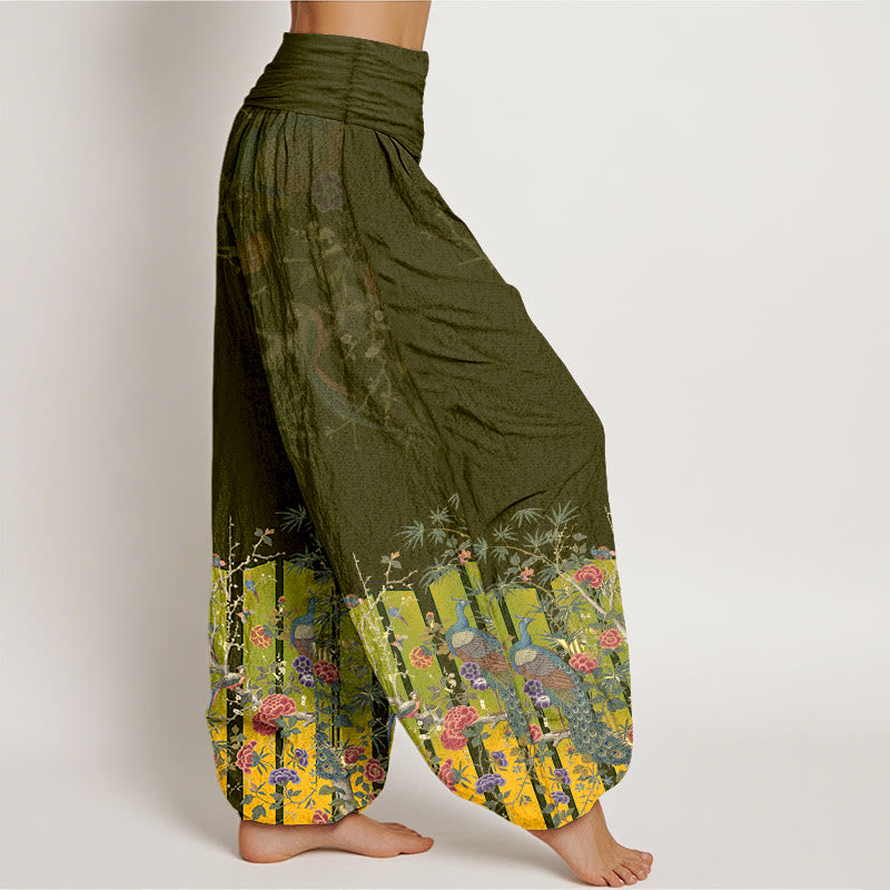 Pantalon harem à taille élastique pour femme, en coton, orné d'un magnifique motif de paon et de Buddha Stones - image 10
