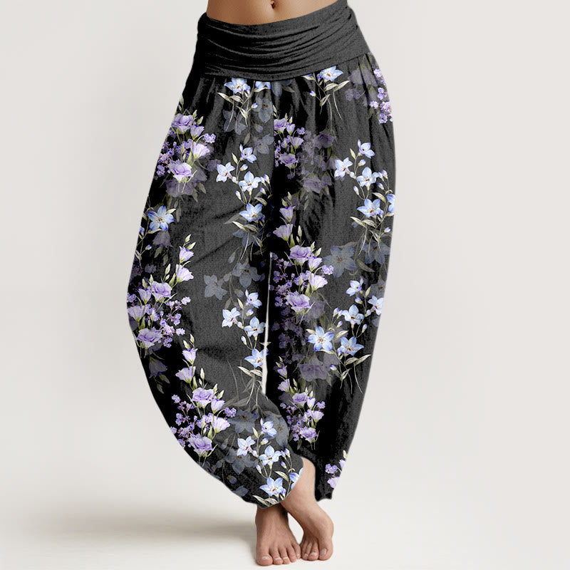 Pantalon harem à taille élastique pour femme, en coton, avec motif d'étoiles, de trompettes et de fleurs, orné de Buddha Stones. - Noir - US16，UK/AU20，EU48 (3XL) - image 0