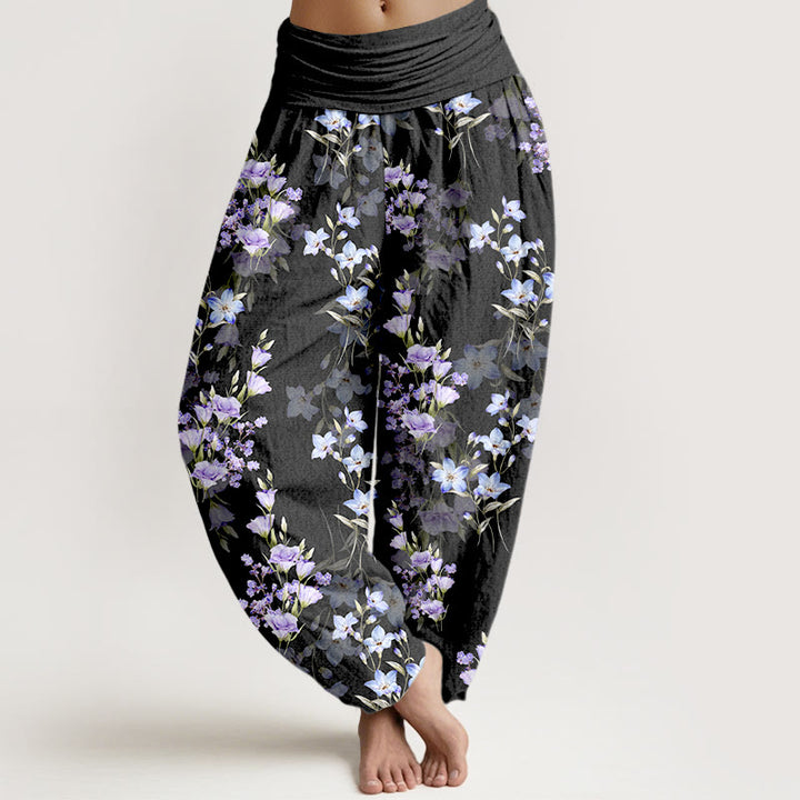 Pantalon harem à taille élastique pour femme, en coton, avec motif d'étoiles, de trompettes et de fleurs, orné de Buddha Stones. - Noir - US16，UK/AU20，EU48 (3XL) - image 0