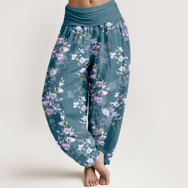 Pantalon harem à taille élastique pour femme, en coton, avec motif d'étoiles, de trompettes et de fleurs, orné de Buddha Stones. - CadetBlue - US16，UK/AU20，EU48 (3XL) - image 5