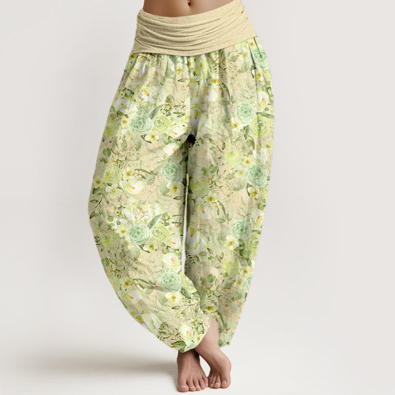 Pantalon harem à taille élastique pour femme, en coton à motif floral champêtre et Buddha Stones - LemonChiffon - US16，UK/AU20，EU48 (3XL) - image 0