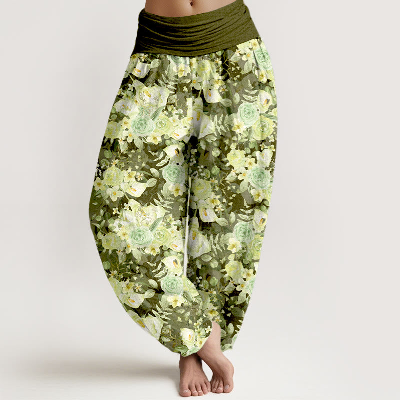 Pantalon harem à taille élastique pour femme, en coton à motif floral champêtre et Buddha Stones - Olive - US16，UK/AU20，EU48 (3XL) - image 5