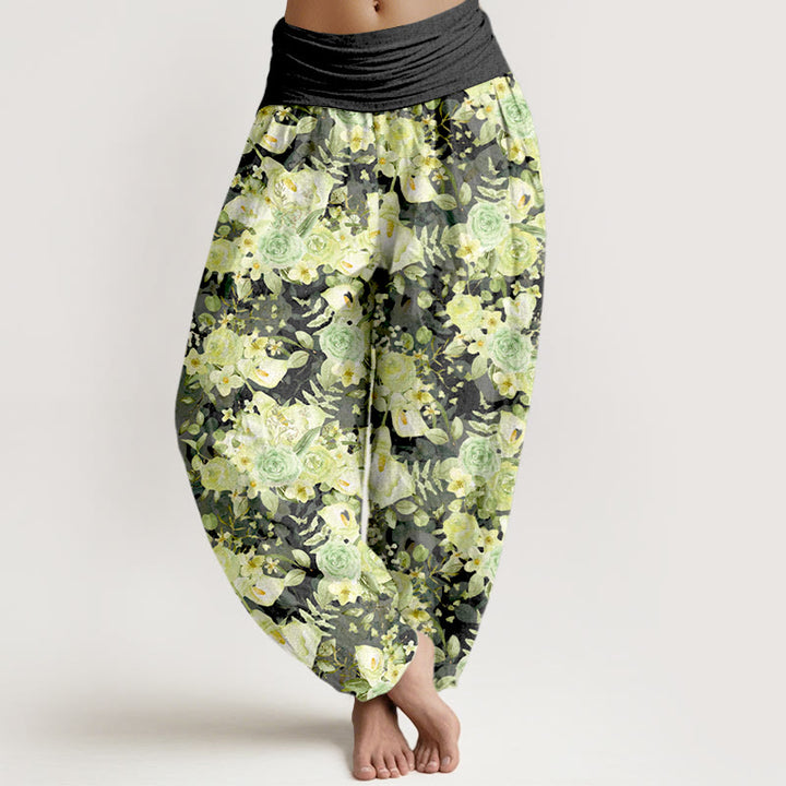 Pantalon harem à taille élastique pour femme, en coton à motif floral champêtre et Buddha Stones - Noir - US16，UK/AU20，EU48 (3XL) - image 8