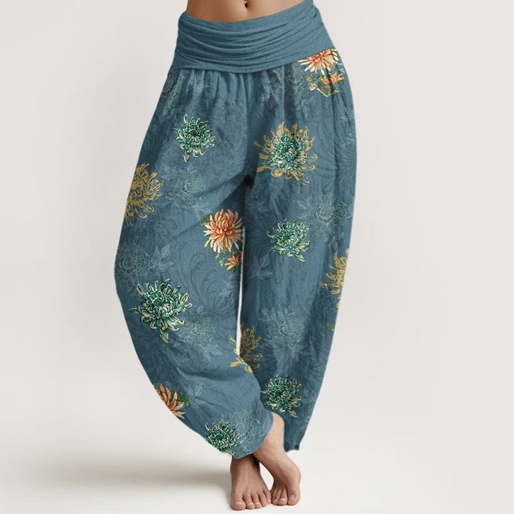 Pantalon harem femme en coton à motif chrysanthème et Buddha Stones , coloris variés, taille élastique - CadetBlue - US16，UK/AU20，EU48 (3XL) - image 0