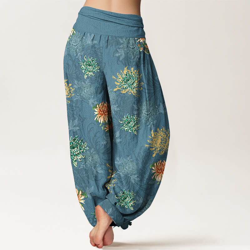 Pantalon harem femme en coton à motif chrysanthème et Buddha Stones , coloris variés, taille élastique - image 1