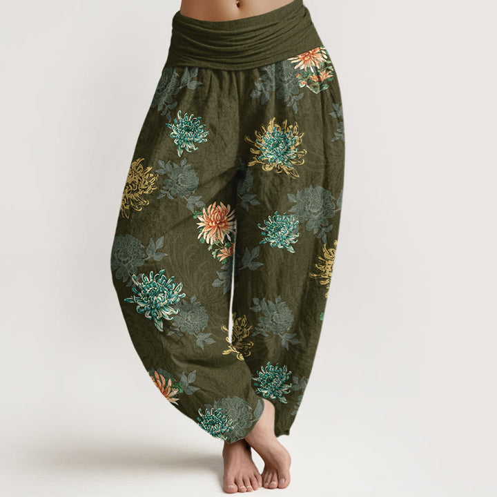 Pantalon harem femme en coton à motif chrysanthème et Buddha Stones , coloris variés, taille élastique - Olive - US16，UK/AU20，EU48 (3XL) - image 8