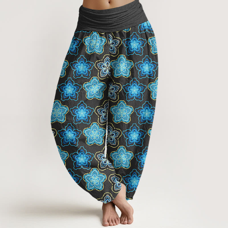 Pantalon harem pour femme en coton à motif floral à cinq pétales, taille élastique, avec Buddha Stones - Noir - US16，UK/AU20，EU48 (3XL) - image 5