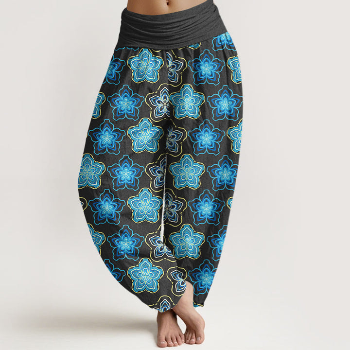 Pantalon harem pour femme en coton à motif floral à cinq pétales, taille élastique, avec Buddha Stones - Noir - US16，UK/AU20，EU48 (3XL) - image 5