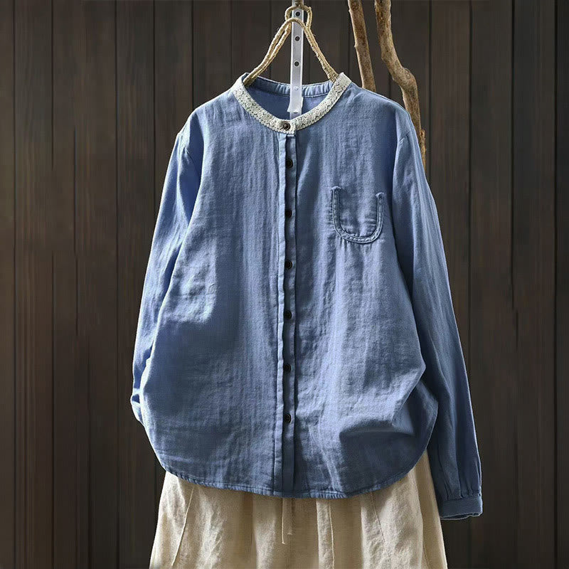 Buddha Stones Chemise en coton à manches longues, col en dentelle et boutons, pour femme, idéale pour le printemps et l'automne. - Bleu ciel clair - US6，UK/AU10，EU38 (L) - image 0