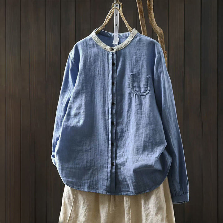 Buddha Stones Chemise en coton à manches longues, col en dentelle et boutons, pour femme, idéale pour le printemps et l'automne. - Bleu ciel clair - US6，UK/AU10，EU38 (L) - image 0