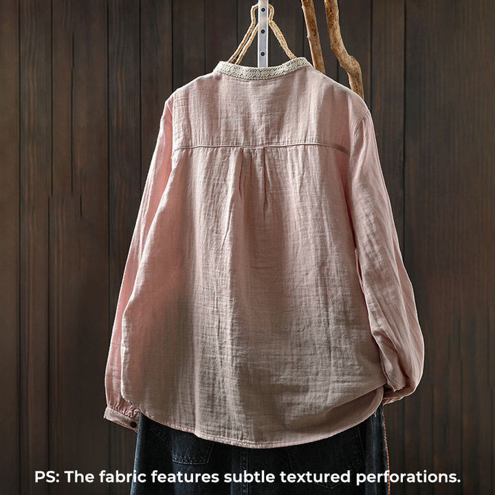 Buddha Stones Chemise en coton à manches longues, col en dentelle et boutons, pour femme, idéale pour le printemps et l'automne. - image 4