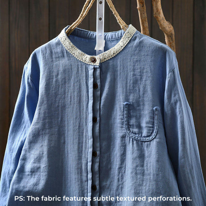 Buddha Stones Chemise en coton à manches longues, col en dentelle et boutons, pour femme, idéale pour le printemps et l'automne. - image 1