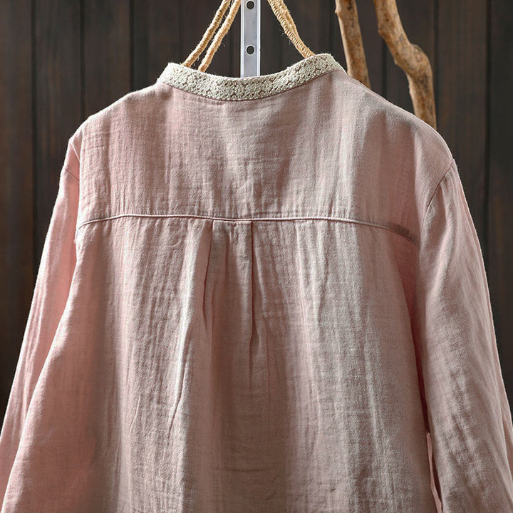 Buddha Stones Chemise en coton à manches longues, col en dentelle et boutons, pour femme, idéale pour le printemps et l'automne. - image 6