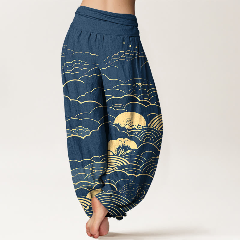 Pantalon harem femme en coton à motif spirale et nuages ​​classiques avec Buddha Stones - image 1